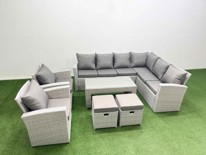 Fimous Rattan Garden Furniture Set 7 Pieces Outdoor Garden Sofa Oblong Coffee Table Set with 2 Chairs 2 Small Footstools Light Grey Mixed