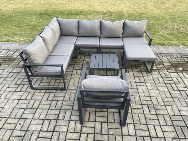 Fimous 8 Seater Aluminium Garden Furniture Set Outdoor Lounge Corner Sofa Chair Square Coffee Table Sets with Big Footstool Dark Grey