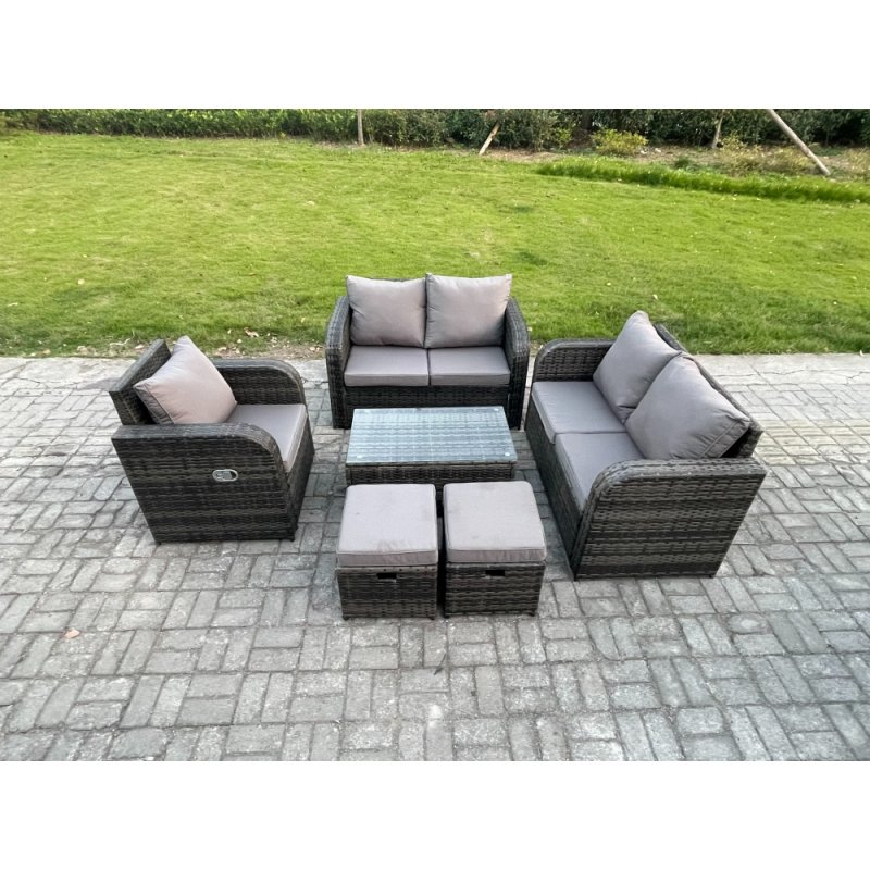 Fimous High Back Rattan Garden Furniture Set with Loveseat Sofa Rectangular Coffee Table 2 Small Footstools Indoor Outdoor Patio Lounge Sofa Set Dark Grey Mixed