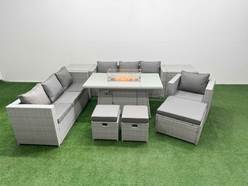 Fimous 10 Seat PE Rattan Lounge Sofa Set Outdoor Garden Furniture Set with Firepit Dining Table 3 Seater Sofa 3 Stools 2 Side Tables Light Grey