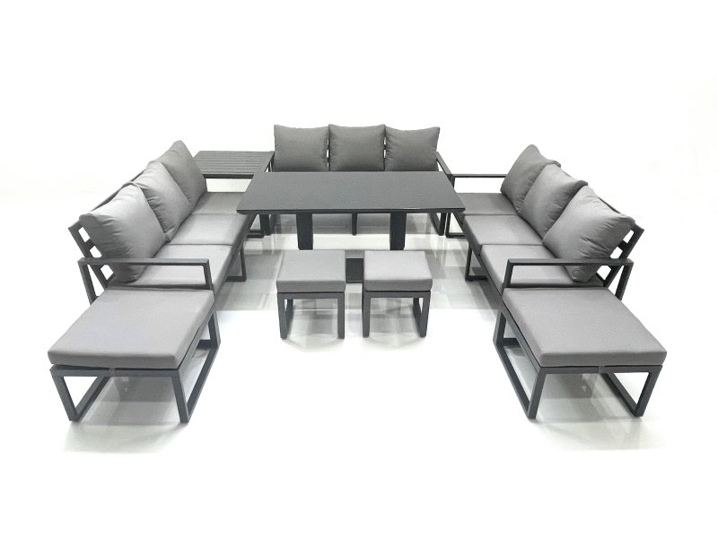 Fimous 13 Seater Garden Sofa Set Aluminium Furniture Rising Dining Tabe Set with Side Table 4 Footstools Dark Grey