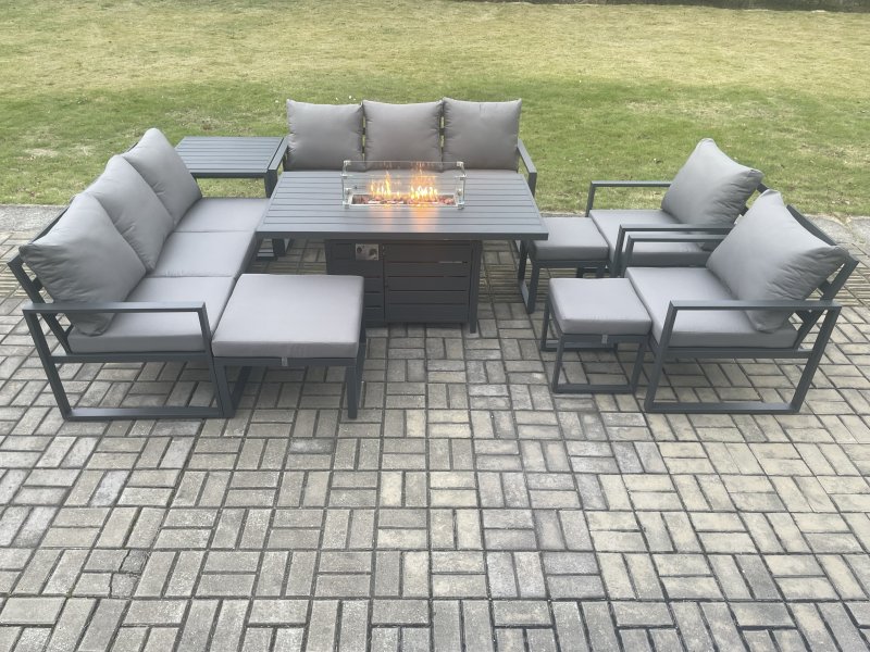 Fimous Aluminium Outdoor Garden Furniture Set Patio Lounge Sofa Gas Fire Pit Dining Table Set with 3 Footstools Side Table Dark Grey