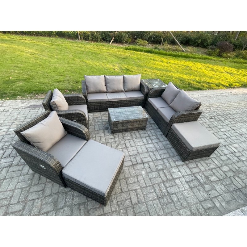 Fimous Patio Garden Furniture Sets Wicker 9 Seater Outdoor Rattan Furniture Sofa Sets with Rectangular Coffee Table Reclining Chair Loveseat Sofa 2 Side Tables 2 Big Footstool