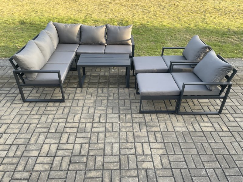 Fimous 9 Seater Aluminium Outdoor Garden Furniture Set Patio Lounge Sofa with Oblong Coffee Table 2 Big Footstools Dark Grey