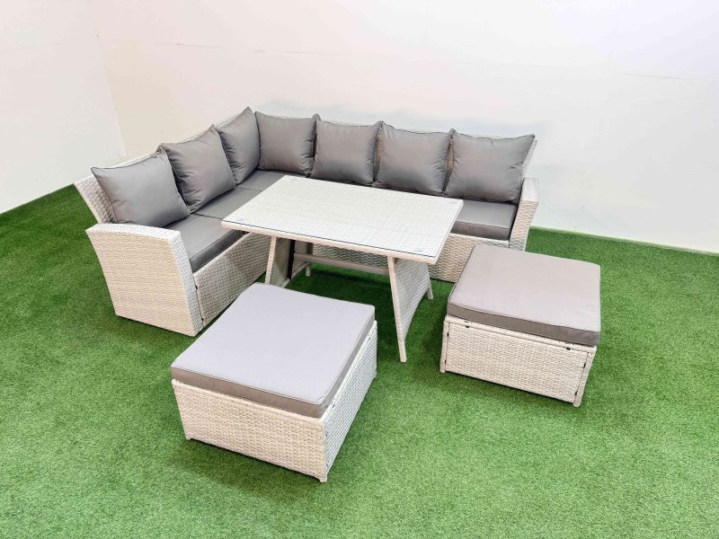 Fimous Garden Outdoor Rattan Furniture Set Rattan Corner Sofa Oblong Dining Table Set with 2 Big Footstools Light Grey Mixed 8 Seater