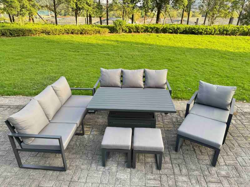 Fimous Garden Aluminium Furniture Set Dark Grey 9 Seater Outdoor Patio Adjustable Rising Lifting Dining Table with 2 Big Footstools 2 Side Tables Dark Grey