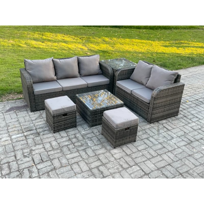 Fimous PE Rattan Garden Furniture Sets 7 Seater Outdoor Lounge Sofa Set Square Coffee Table 2 Small Footstools Side Table