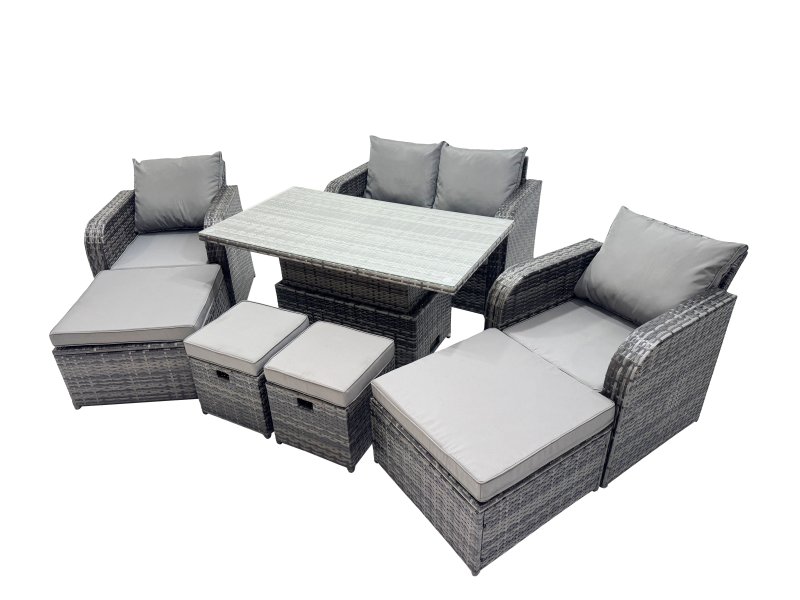 Fimous 8-seater Patio Height Adjustable Rising Lifting Table Sofa Sets Rattan Garden Furniture Dining Set with 4 Footstool Dark Grey Mixed