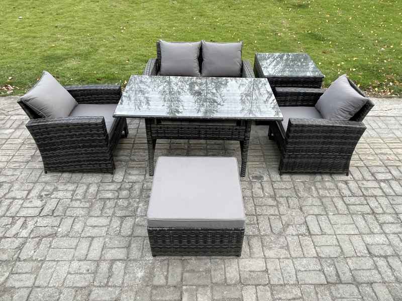 Fimous PE Wicker Outdoor Garden Furniture Set Patio Furniture Rattan Rectangular Dining Table Lounge Sofa with Big Footstool Side Table