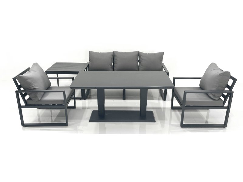 Fimous Outdoor Aluminium Garden Furniture Set with Adjustable Rising Lifting Dining Table 3 Seater Sofa 2 Chair Side Table Dark Grey