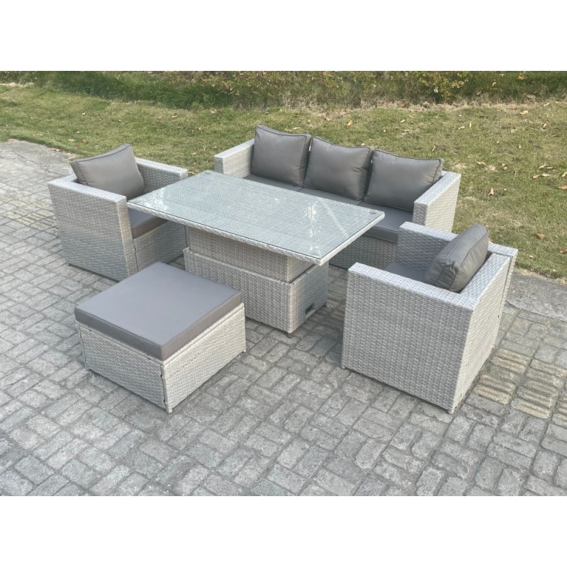 Fimous Rattan Garden Funiture Set Adjustable Rising Lifting Table Sofa Dining Set With 2 Arm Chair Big Footstool