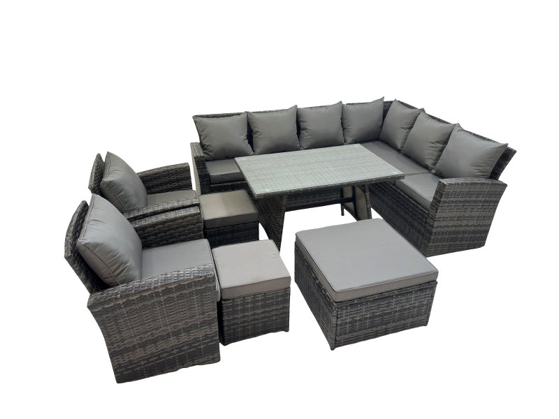 Fimous 11 Seater Garden Outdoor Rattan Furniture Set Rattan Corner Sofa Oblong Dining Table with 2 Armchairs 3 Footstools Dark Grey