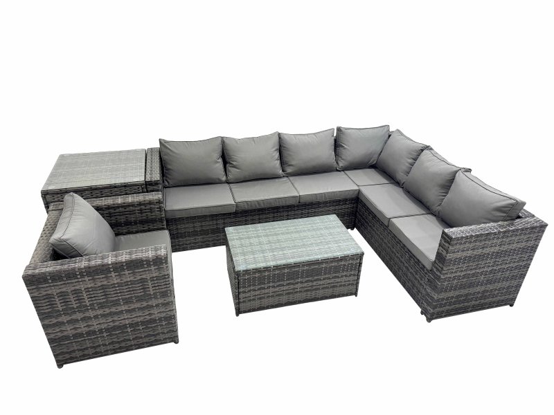 Fimous Outdoor Sofa Oblong Coffee Table Set Rattan Garden Furniture Set with Chair Side Table Dark Grey Mixed