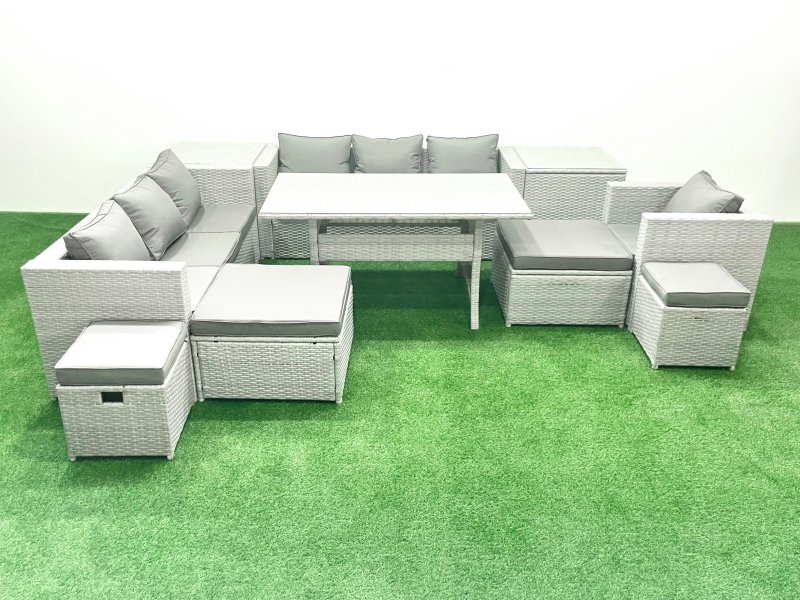 Fimous Rattan Garden Furniture Dining Set 11 Seater Lounge Sofa Chair Dining Table Set with 4 Footstools 2 Side Tables Light Grey Mixed