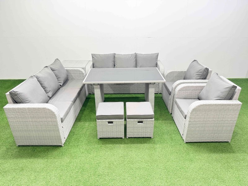 Fimous 10 Seater Wicker PE Rattan Furniture Outdoor Dining Table 3 Seater Sofa Reclining Chair Set with Side Table 2 Small Stools Light Grey