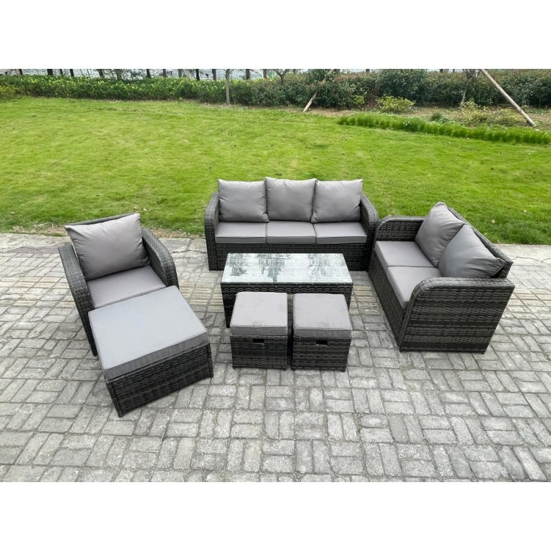Fimous 9 Seater High Back Rattan Garden Furniture Set with Loveseat Sofa Rectangular Coffee Table 3 Footstools Indoor Outdoor Patio Lounge Sofa Set Dark Grey Mixed