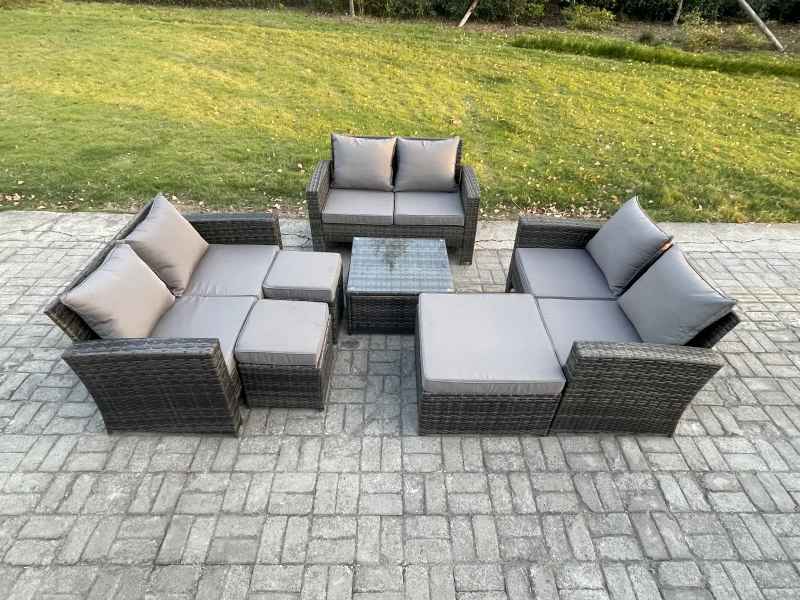 Fimous Outdoor Lounge Sofa Set Wicker PE Rattan Garden Furniture Set with Square Coffee Table Double Seat Sofa 3 Footstools Dark Grey Mixed