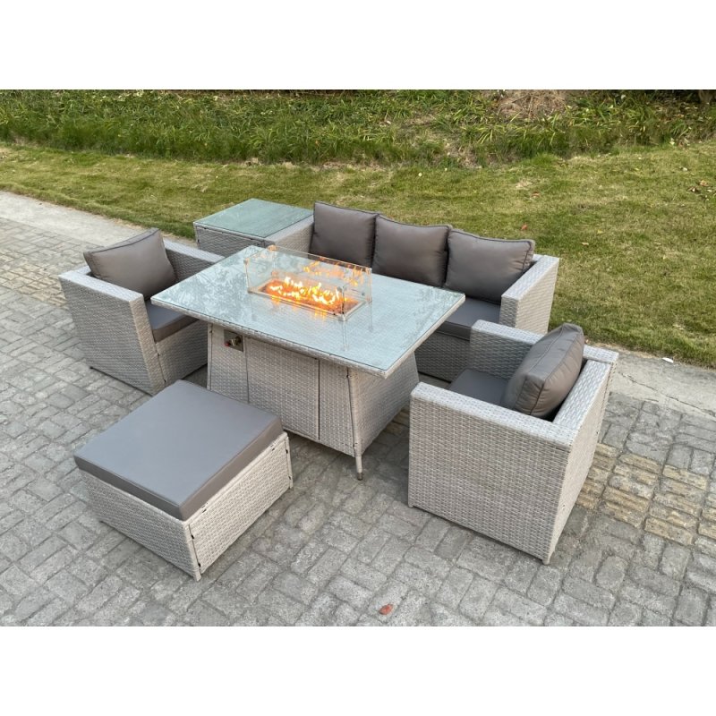 Fimous Rattan Garden Furniture Set Gas Fire Pit Lounge Sofa Chair Dining Set With Side Table And 2 PC Arm Chair Footstool