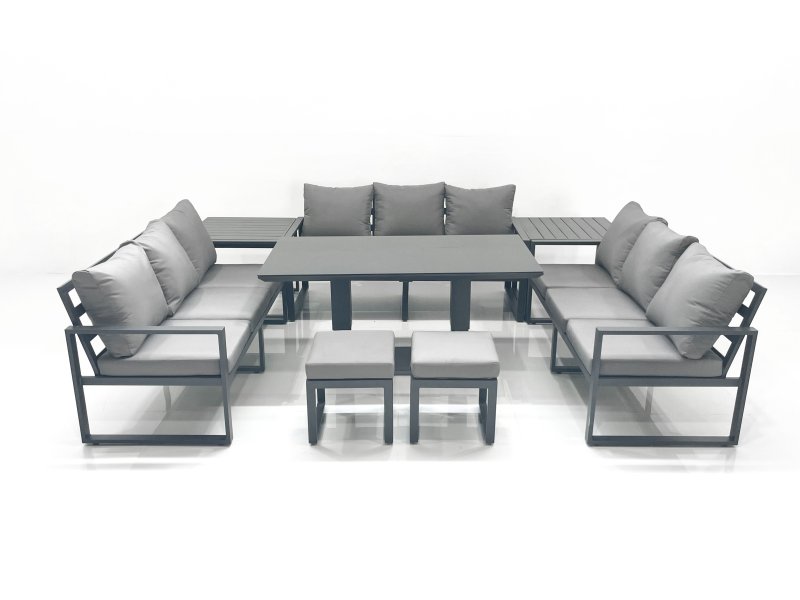 Fimous 11 Seater Garden Sofa Set Aluminium Furniture Rising Dining Tabe Set with 2 Side Tables 2 Small Footstools Dark Grey