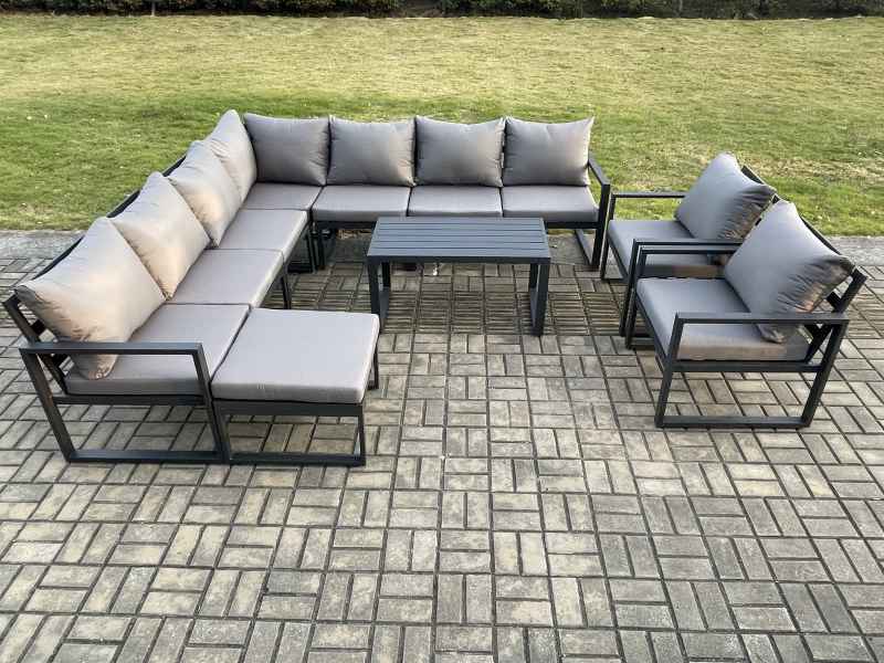 Fimous Aluminium Patio Outdoor Garden Furniture Lounge Corner Sofa Set with Oblong Coffee Table Big Footstool 2 Chair Dark Grey