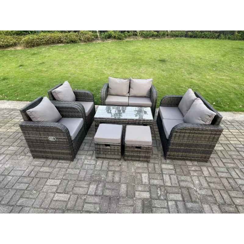 Fimous 8 Seater Dark Grey PE Wicker Rattan Garden Furniture Set Reclining Chair 2 Seater Love Sofa Set Outdoor Rectangular Coffee Table Stools