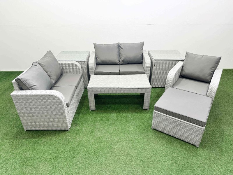 Fimous High Back Poly Rattan Garden Furniture Set with Reclining Chair Loveseat Sofa Oblong Coffee Table Indoor Outdoor Patio Set Big Stool 2 Side Table Light Grey