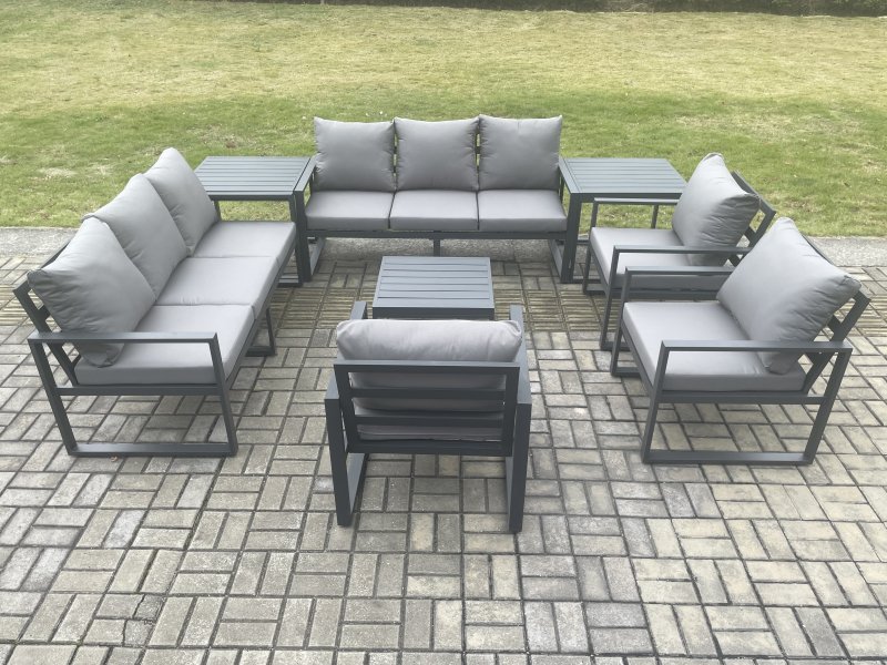 Fimous Aluminium Outdoor Garden Furniture Set Patio Lounge Sofa with Square Coffee Table 3 Armchairs 2 Side Tables Dark Grey