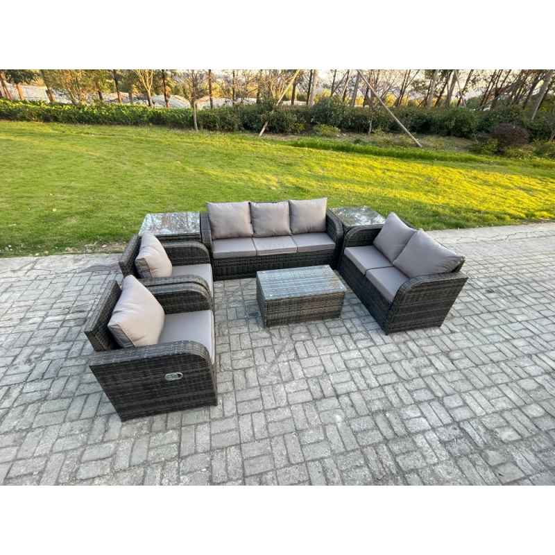 Fimous 7 Seater Rattan Wicker Garden Furniture Patio Conservatory Sofa Set with Rectangular Coffee Table 3 Seater Sofa Love Sofa 2 Side Tables