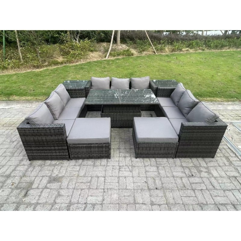 Fimous Wicker PE Rattan Garden Furniture Sofa Set Outdoor Adjustable Rising Lifting Dining Table Set with 2 Side Tables 2 Footstools 11 Seater Dark Grey Mixed