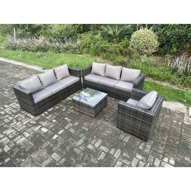 Fimous Rattan Garden Furniture Sofa Set with Armchair Square Coffee Table Indoor Outdoor 7 Seater Rattan Set Dark Grey Mixed