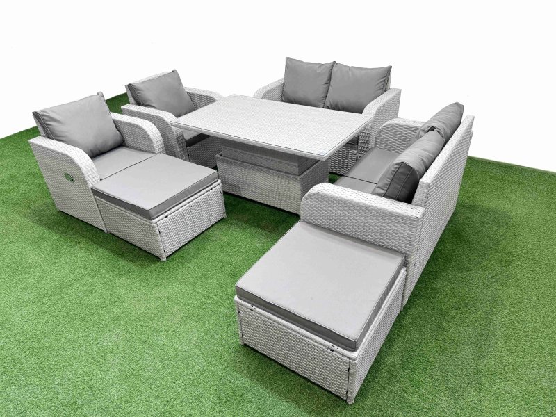 Fimous 8 Seater Outdoor Reclining Chair Love Sofa Set Rattan Garden Furniture Set with Adjustable Lifting Dining or Coffee Table 2 Big FootStools Light Grey