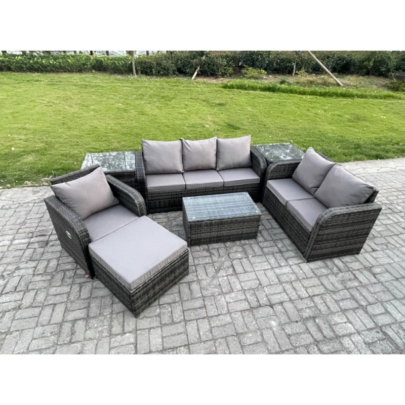 Fimous Patio Garden Furniture Sets Wicker 7 Seater Outdoor Rattan Furniture Sofa Sets with Rectangular Coffee Table Reclining Chair 3 Seater Sofa 2 Side Tables Big Footstool