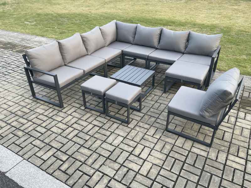 Fimous 11 Seater Patio Outdoor Garden Furniture Aluminium Lounge Corner Sofa Set with Square Coffee Table 3 Footstools Dark Grey