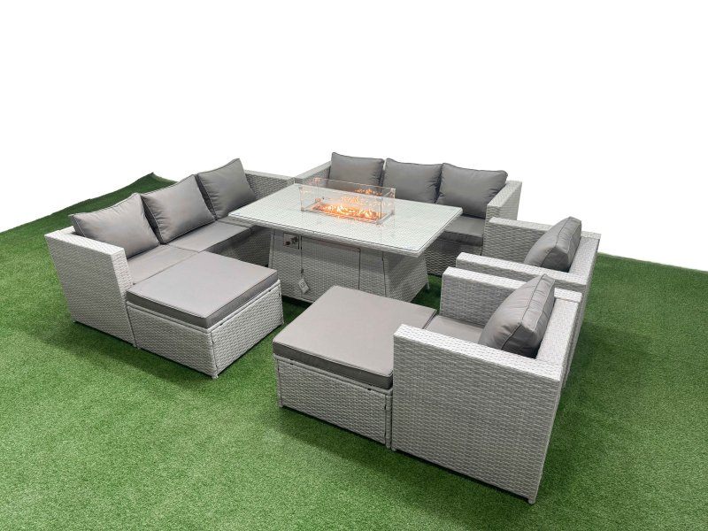 Fimous 10 Seat PE Rattan Lounge Sofa Set Outdoor Garden Furniture Set with Firepit Dining Table 3 Seater Sofa 2 Big Footstool Light Grey