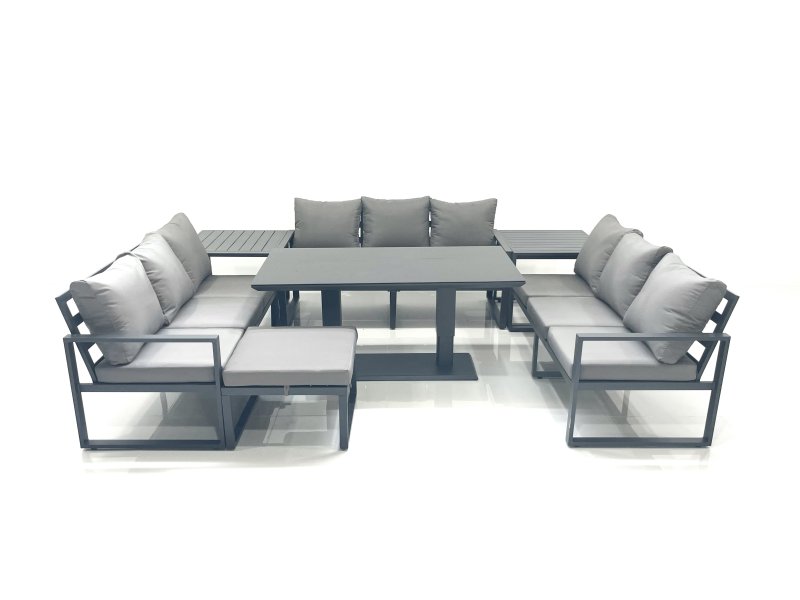 Fimous 10 Seater Garden Sofa Set Aluminium Furniture Rising Dining Tabe Set with 2 Side Tables Big Footstool Dark Grey