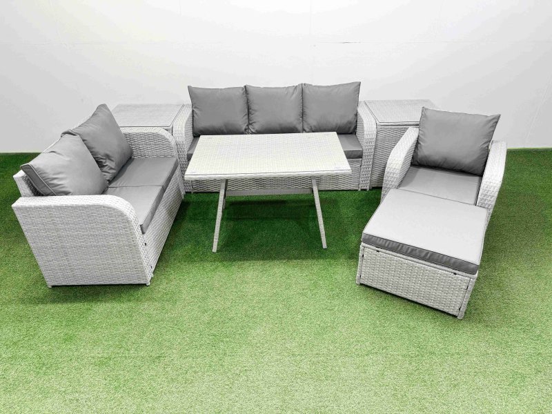 Fimous Rattan High Back Lounge Sofa Set Patio Dining Table & Chairs Set with 3 Seater Sofa Reclining Chair 2 Side Tables Big Stool Light Grey