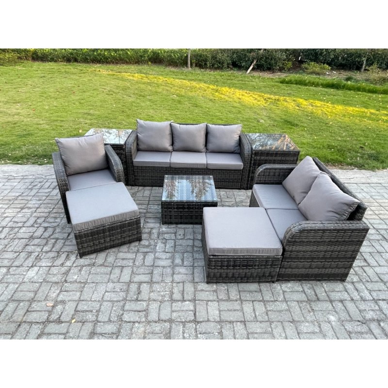 Fimous Indoor Outdoor Rattan Garden Furniture 8 Seater Set Table Sofa Chair Patio Conservatory with Grey Cushions 2 Side Tables 2 Big Footstool