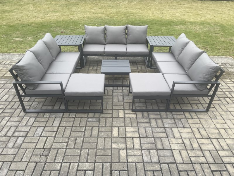 Fimous Aluminium Outdoor Garden Furniture Set Patio Lounge Sofa with Square Coffee Table 2 Side Tables 2 Big Footstools Conservatory Set Dark Grey