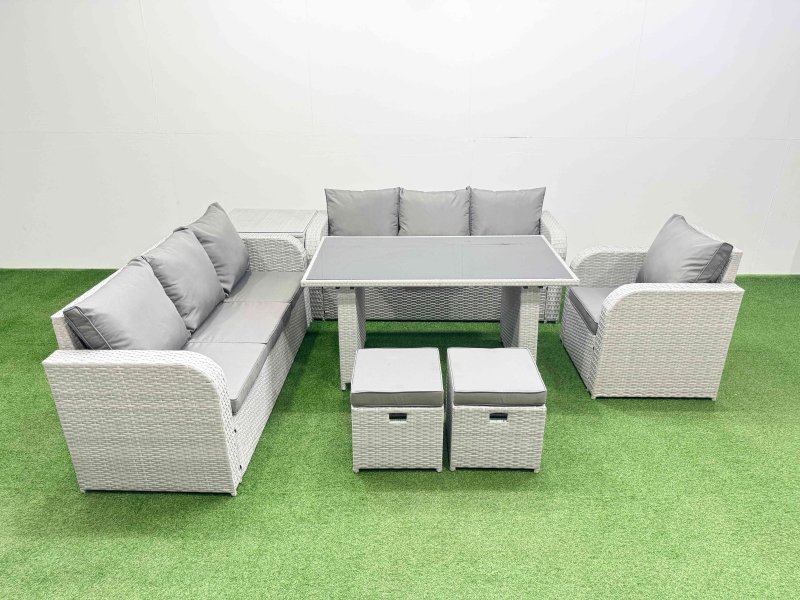 Fimous Rattan Garden Furniture Dining Set 9-seater Patio Rectangular Table Sofa Set with Side Table 2 Small Stools Light Grey