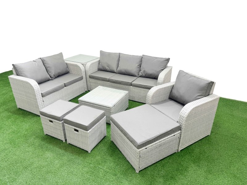 Fimous Patio PE Wicker 9 Seater Outdoor Rattan Furniture Sofa Sets with Square Coffee Table Reclining Chair Loveseat Sofa 3 Seater Sofa Stool Side Table Light Grey