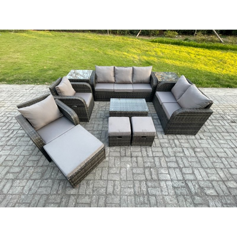 Fimous Patio Garden Furniture Sets Wicker 10 Seater Outdoor Rattan Furniture Sofa Sets with Rectangular Coffee Table Reclining Chair Loveseat Sofa 2 Side Tables 3 Footstools