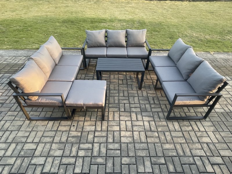 Fimous Aluminium 10 Seater Outdoor Garden Furniture Set Lounge Sofa Oblong Coffee Table Big Footstool Sets with Cushions Dark Grey