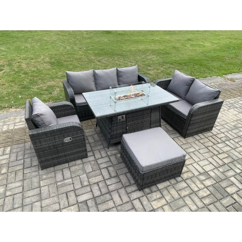 Fimous Rattan Garden Furniture Set with Fire Pit Table 7 Seater Outdoor Lounge Sofa Set Dark Grey Mixed