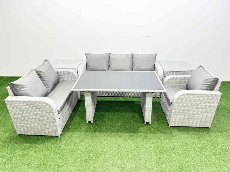 Fimous Rattan Outdoor Table Reclining Chair Sofa Set with 2 Side Tables Light Grey 6 Seater