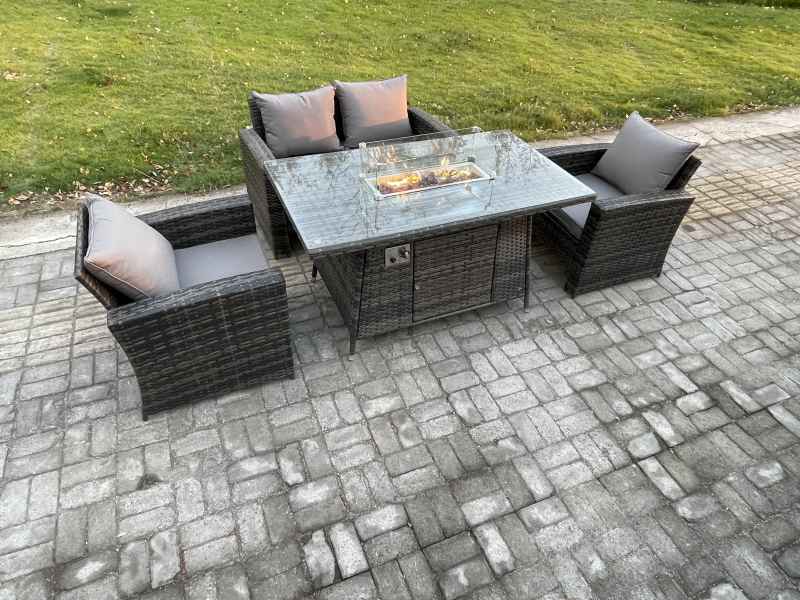 Fimous 4 Seater?Outdoor Rattan Sofa Set Garden Furniture Gas Firepit Dining Table Heater Dark Grey Mixed