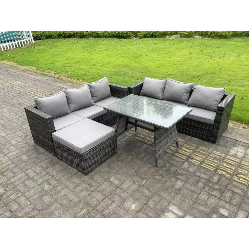 Fimous 7 Seater Wicker PE Rattan Garden Dining Set Outdoor Furniture Sofa with Dining Table Big Footstool Dark Grey Mixed