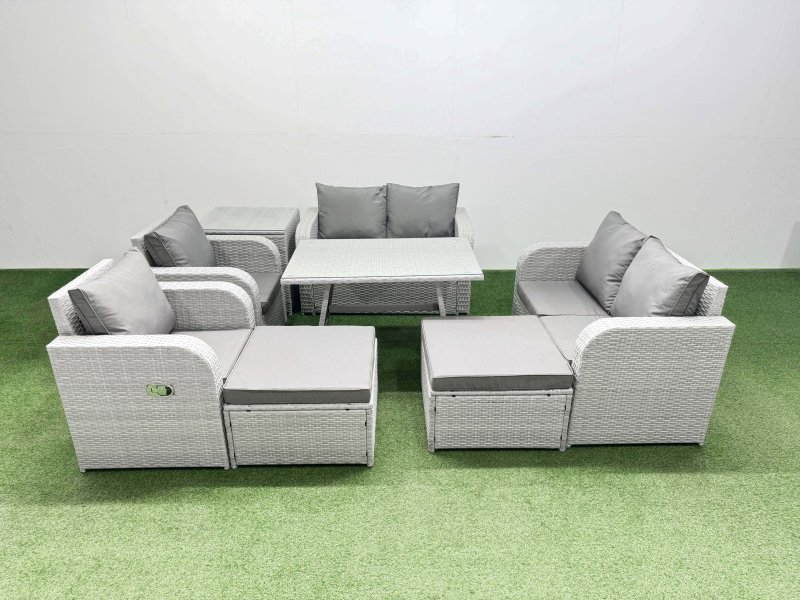 Fimous 8 Seater Rattan Garden Furniture Set Outdoor Love Sofa Set with Rectangular Dining Table Side Table 2 Big Footstools Light Grey