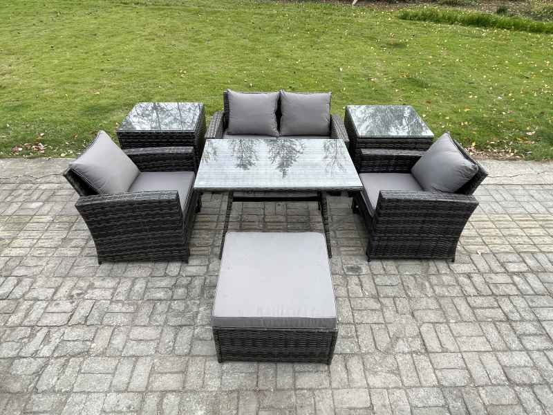 Fimous 5 Seater Outdoor Garden Furniture High Back Rattan Sofa Dining Table Set with 2 SideTables Big Footstool Dark Grey Mixed