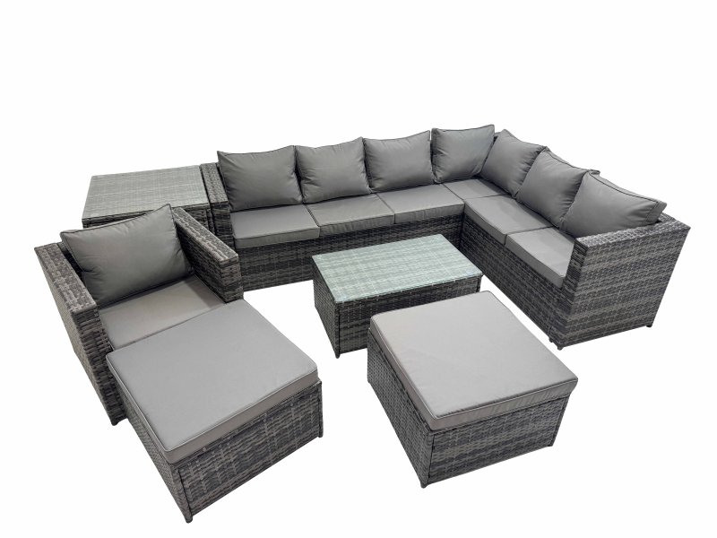 Fimous Patio Sofa Oblong Coffee Table Set Rattan Garden Furniture Set with 2 Big Stools Chair Side Table Dark Grey Mixed