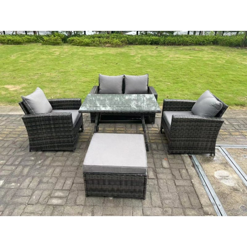 Fimous 5 Seater Outdoor Dark Grey Mixed High Back Rattan Sofa Dining Table Set Garden Furniture Big Footstool